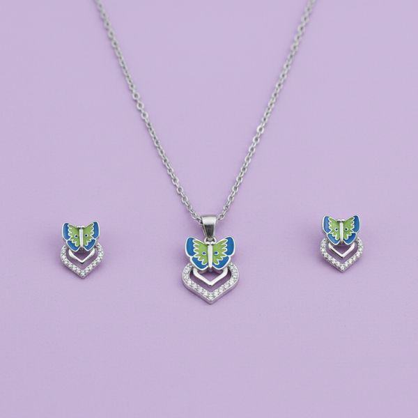 Crystal Butterfly Heart Chain & Earrings