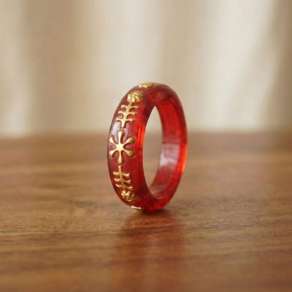 Red Resin Ring with Gold Floral Motif