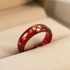 Red Acrylic Ring with Gold Clover Design