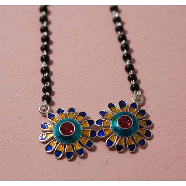Twin Flower Black Bead Necklace