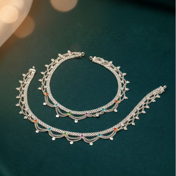 Aarvi Lattice Silver Anklets