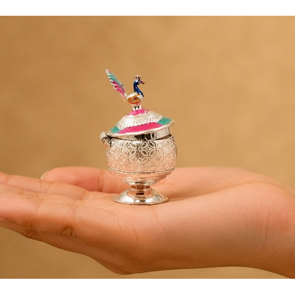 Peacock Elegance Silver Kumkum Box