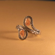 Elegant Dual Teardrop Silver Ring with Orange Gemstones