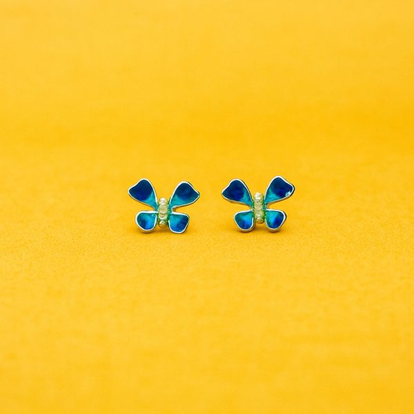 Blue Enamel Butterfly Stud Earrings and pandend