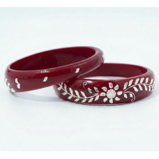 Crimson Blossom Silver Inlay Bangles
