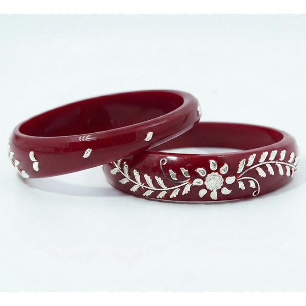 Crimson Blossom Silver Inlay Bangles