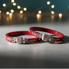 Striped Silver Design Red Bangles