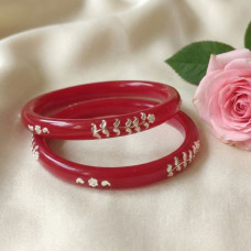 Red Lac Bangles with Silver Leaf Design