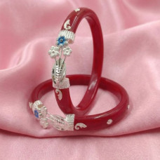 Maroon Silver Flower Bangles