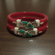 Red Resin Silver Designer Bangles