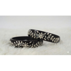 Black Enamel Floral Inlay Bangles - Elegant  Silver Tone Detailing