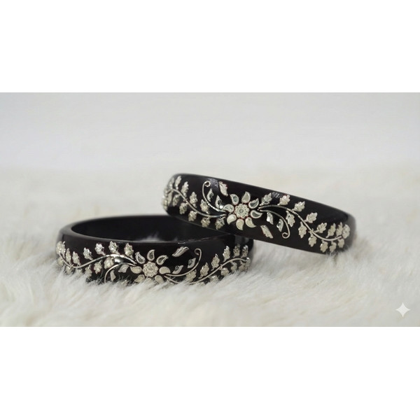 Black Enamel Floral Inlay Bangles - Elegant  Silver Tone Detailing
