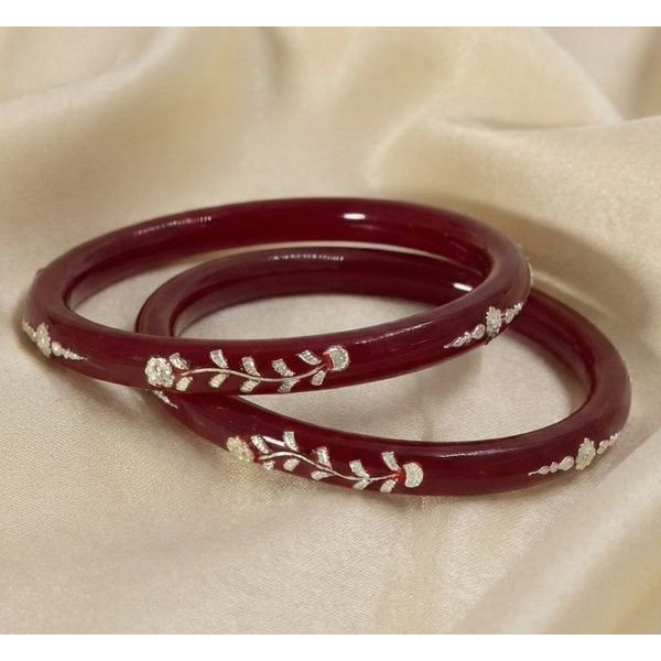 Royal Red Lac Bangles with Silver Floral Art