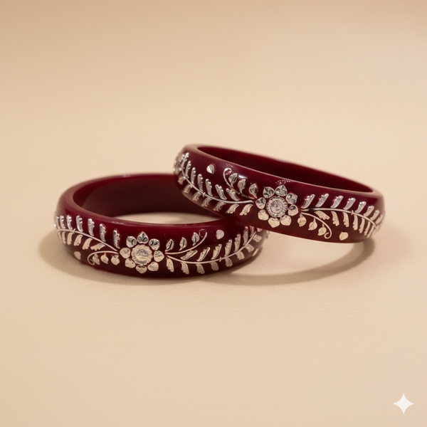 Crimson Bloom Silver Inlay Bangles