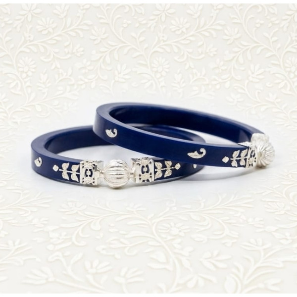 Navy Elegance: Silver-Accented Bangle Set