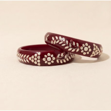 Elegant Maroon Bangles with Silver Flower and Leaf Motifs
