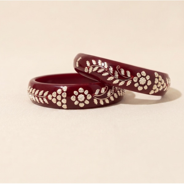 Elegant Maroon Bangles with Silver Flower and Leaf Motifs