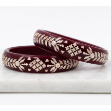 Red Resin Bangles with Intricate Silver Floral & Leaf Design"