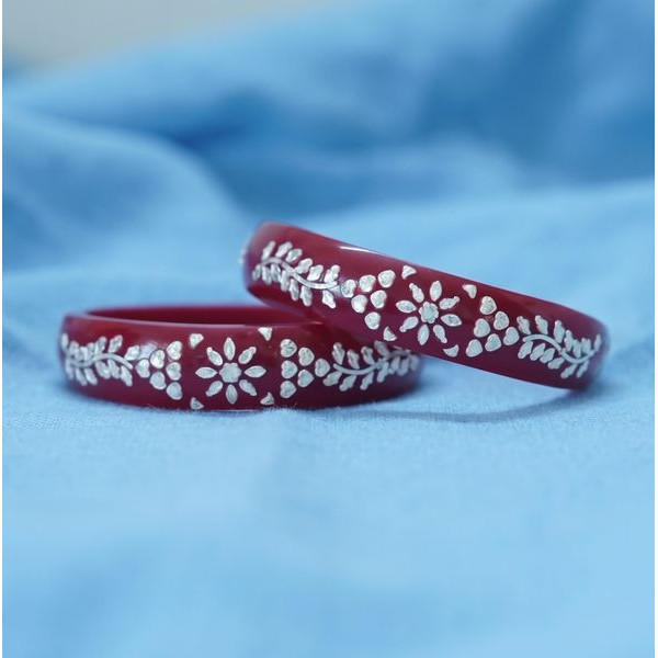 Floral Silver-Inlay Maroon Lac Bangles
