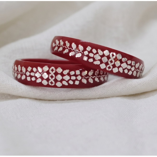 Red Blossom Engraved Bangle Pair
