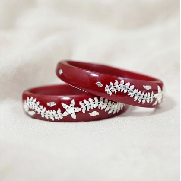 Crimson Bloom Silver Pola Bangle,