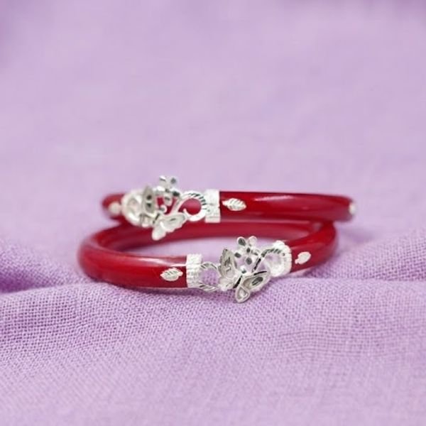 Crimson Floral Silver Pola Bangle