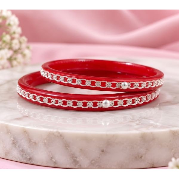 Red Blossom Silver Pola Bangles