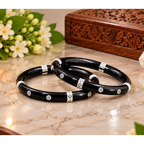 Black Silver Floral Designer Bangle