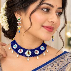 Royal Blue Beaded Floral Choker Set with Drop Earrings