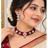 Royal Ruby Red Beaded Kundan Floral Choker Set