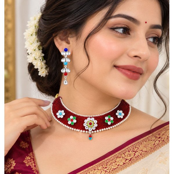 Royal Ruby Red Beaded Kundan Floral Choker Set