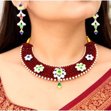 Royal Maroon Beaded Meenakari Choker Necklace Set