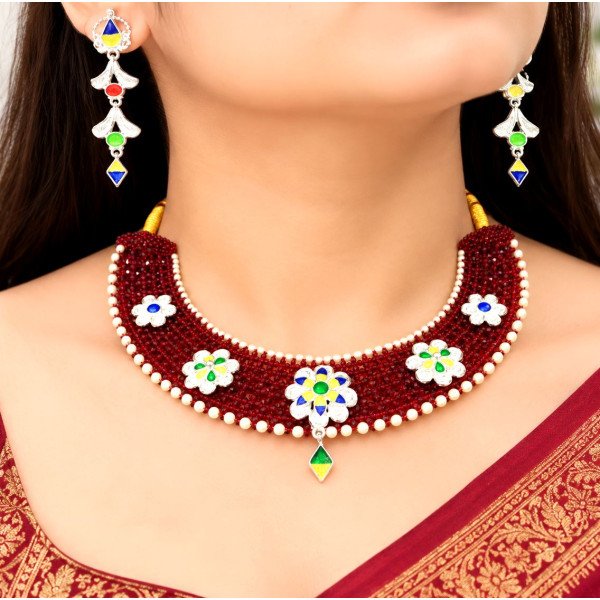 Royal Maroon Beaded Meenakari Choker Necklace Set