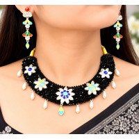 Royal Black Crystal Beaded Floral Meenakari Choker Set