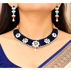Royal Blue Beaded Meenakari Floral Choker Set