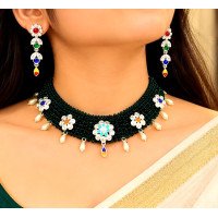Royal Emerald Green Beaded Floral Choker Necklace Set